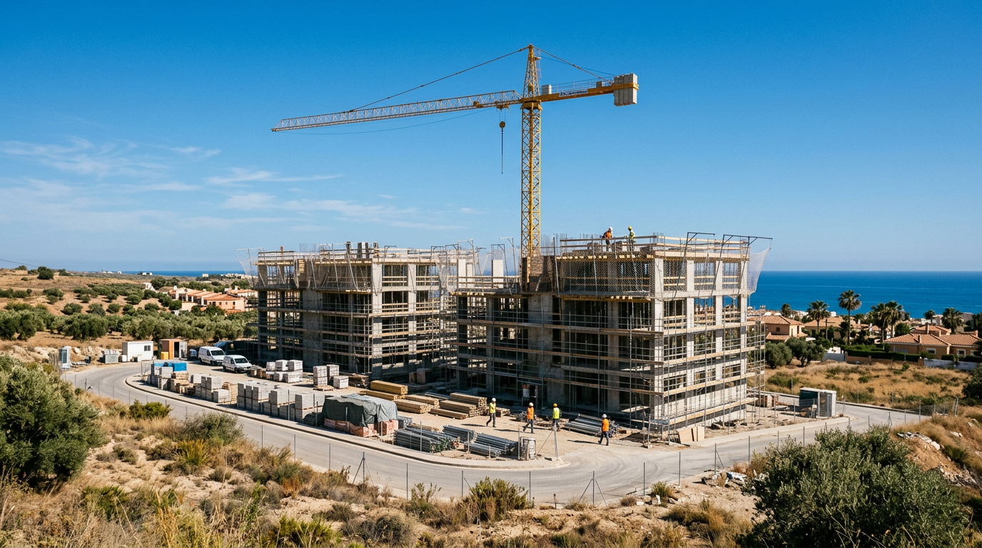 Bouwwerf van een nieuwbouwproject in Zuid-Spanje met een torenkraan en de zee op de achtergrond