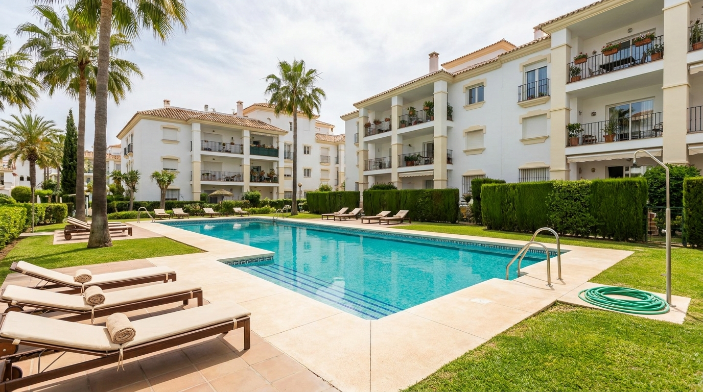 Gemeenschappelijk zwembad en tuinen van een appartementencomplex aan de Costa del Sol