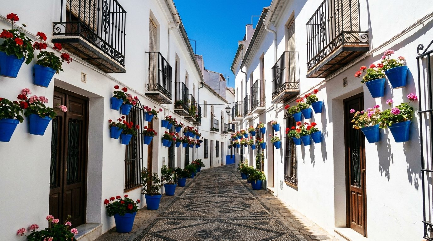 Bloemenstraat in het oude centrum van Estepona met witte gevels en blauwe bloempotten