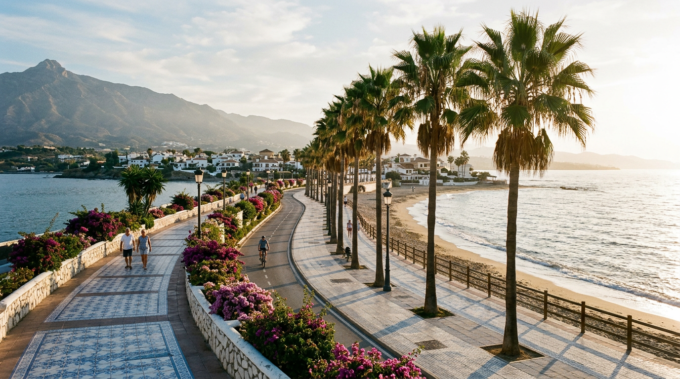 Strandboulevard van Estepona bij zonsondergang met palmen en de Middellandse Zee