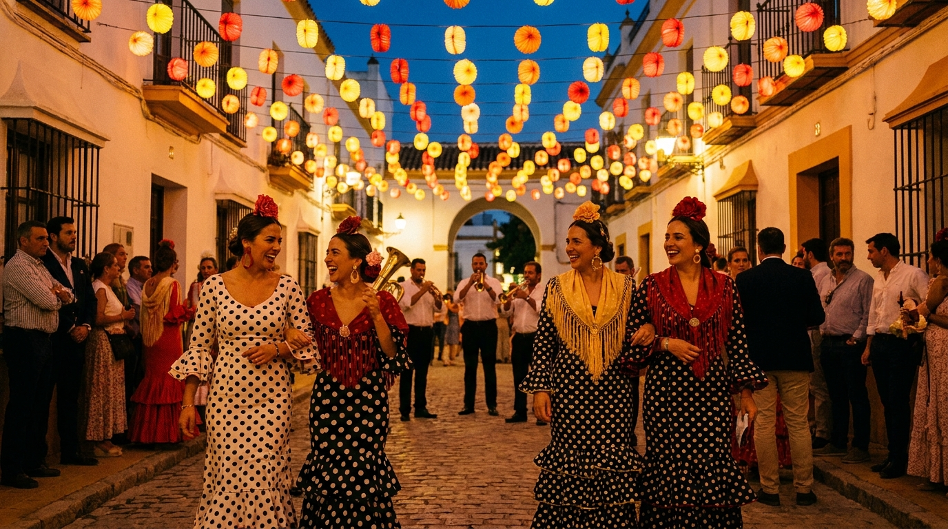 Feria in een Andalusisch dorp met gekleurde lampionnen en flamencojurken in de avond