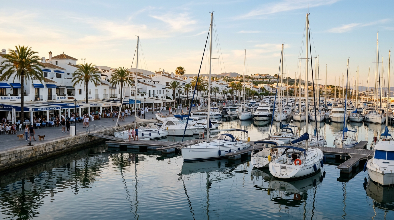 Jachthaven aan de Costa del Sol met zeilboten in het late middaglicht
