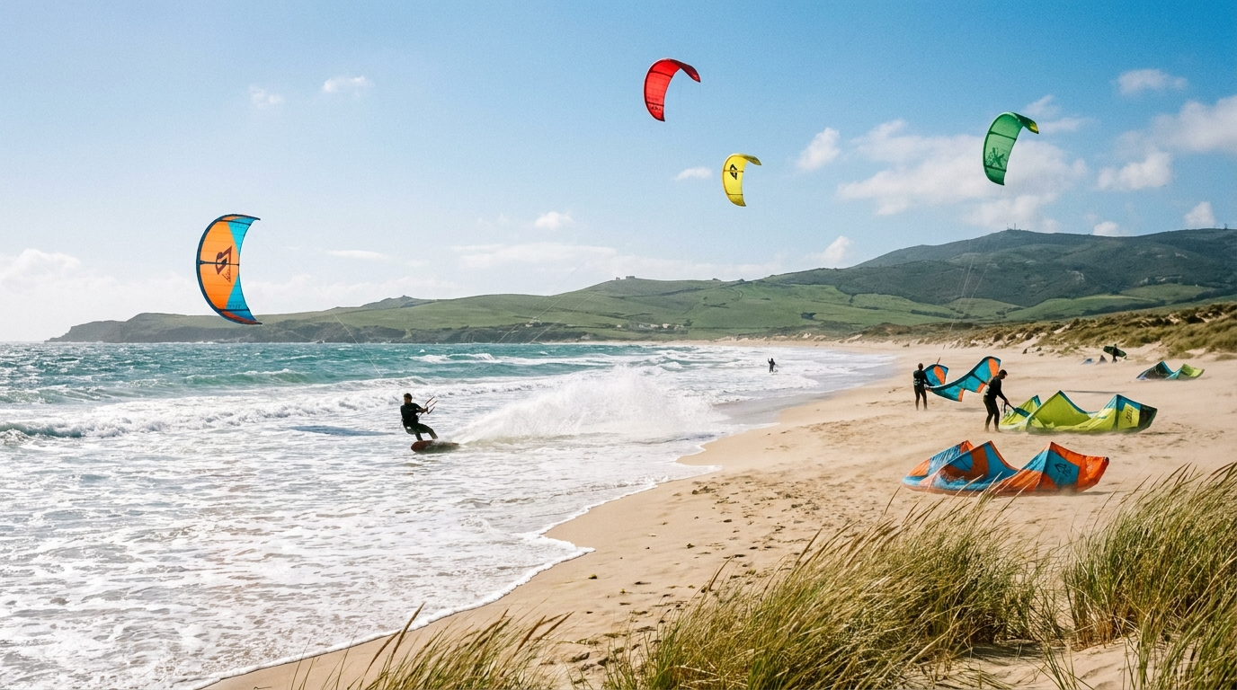 Kitesurfers op een breed strand bij Tarifa met kleurrijke kites in de lucht
