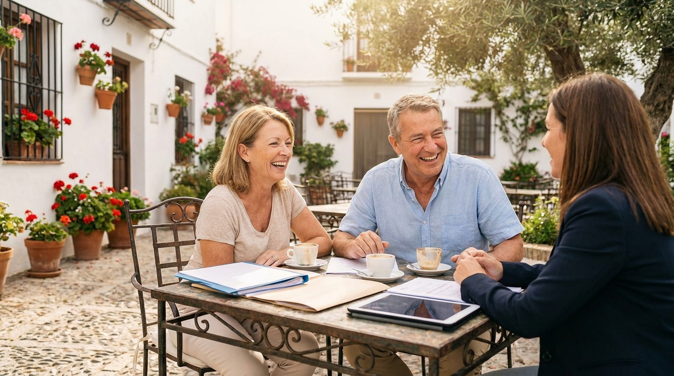 Koppel bespreekt papieren met een adviseur op een zonnig terras in een Andalusisch stadje