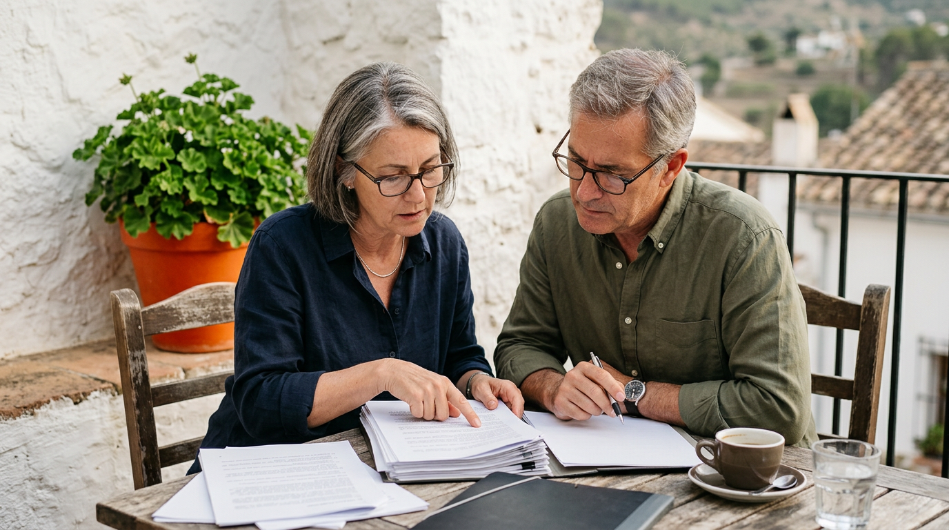 Koppel leest samen de documenten van een woningaankoop in Spanje op een terras