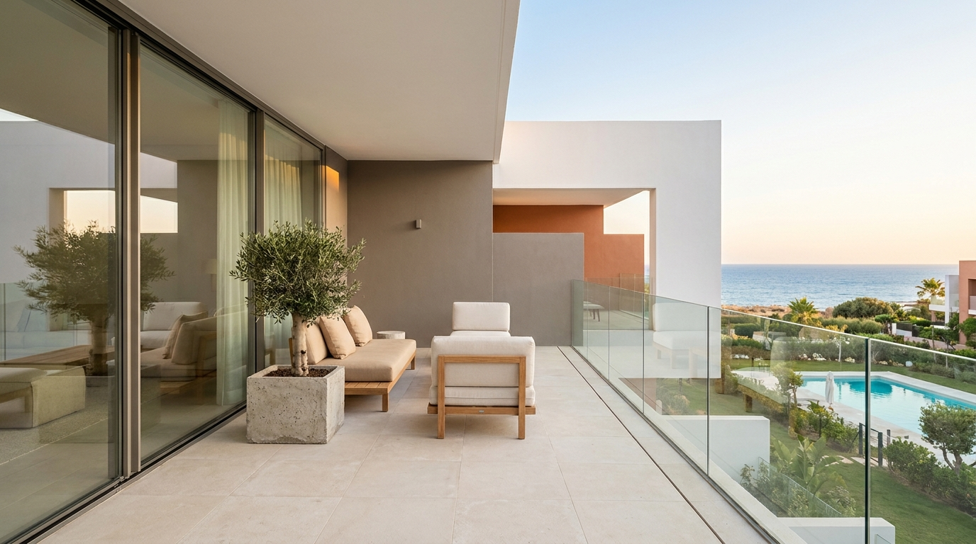 Terras van een nieuwbouwappartement in Estepona met zicht op zee