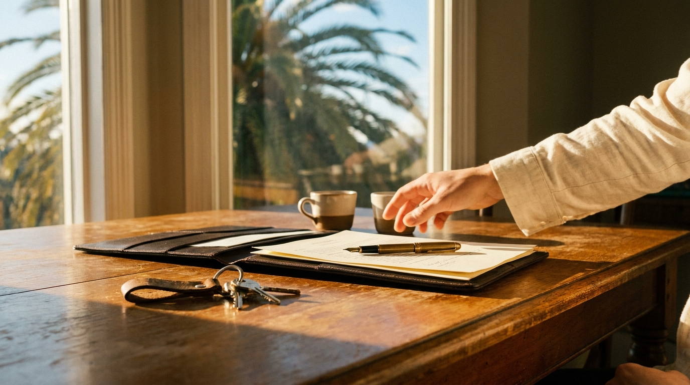 Documenten, pen en sleutels op een houten tafel in het zonlicht bij de ondertekening