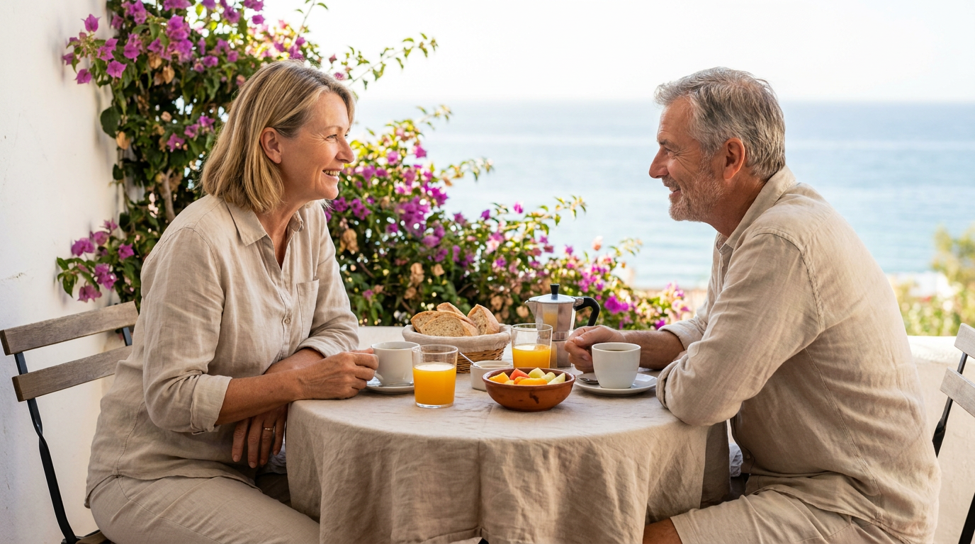 Koppel ontbijt op een zonnig terras aan de Costa del Sol