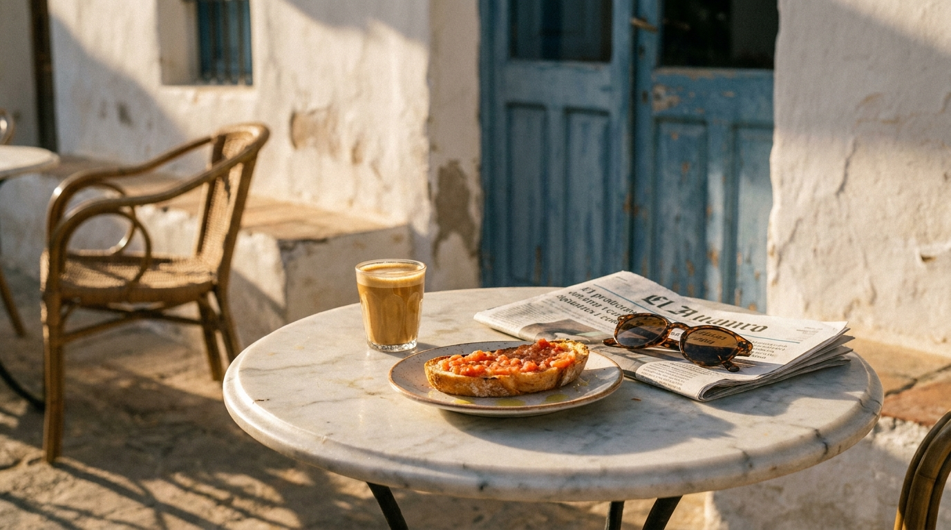 Cortado en tostada met tomaat op een tafeltje voor een dorpsbar in Andalusie