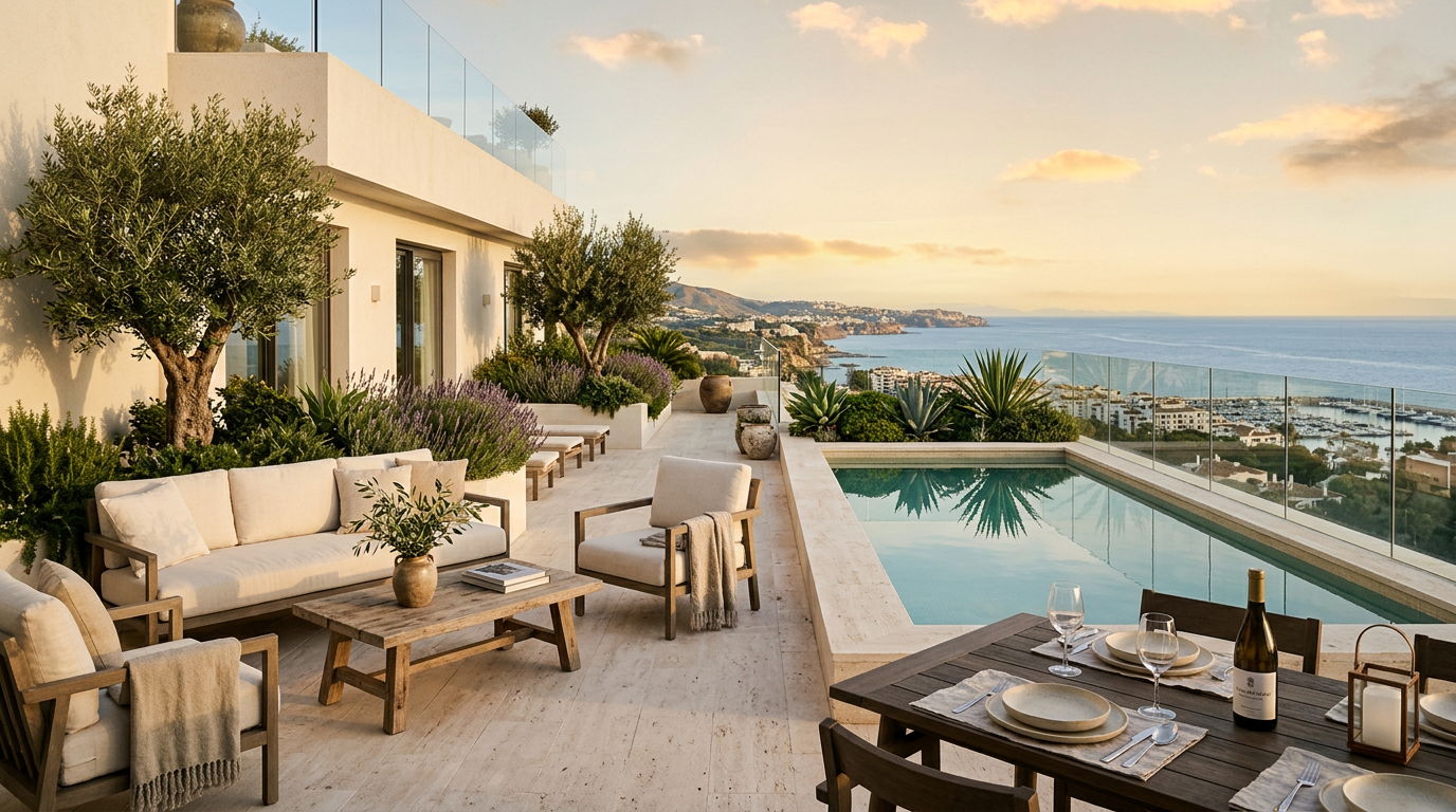 Ruim penthouseterras met plunge pool en uitzicht over de kust in avondlicht