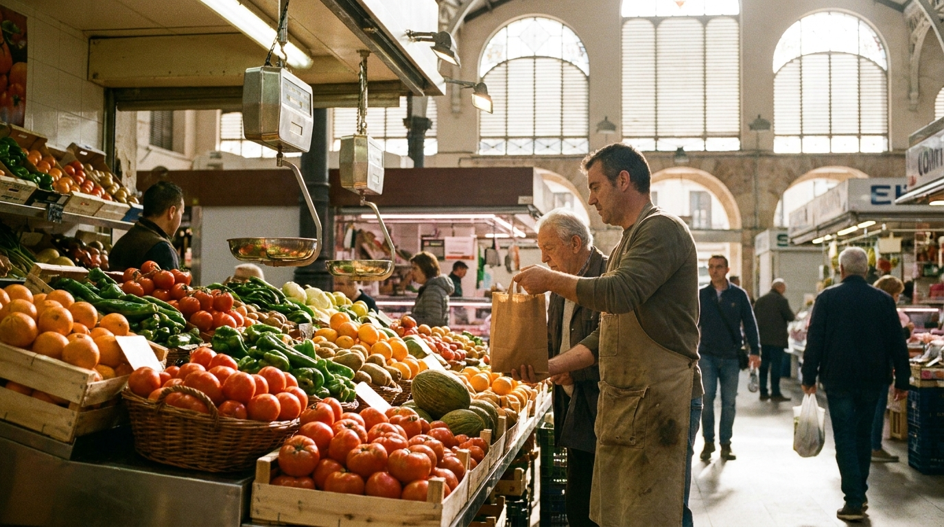 Kraam met verse groenten en fruit in een Spaanse overdekte markt