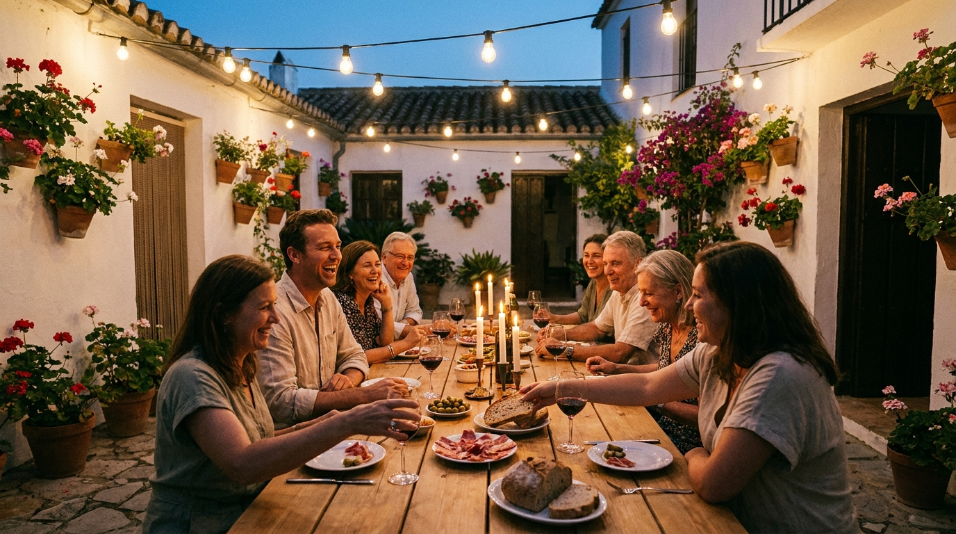 Vrienden aan een lange tafel in een Andalusische patio met lampjes in de avond