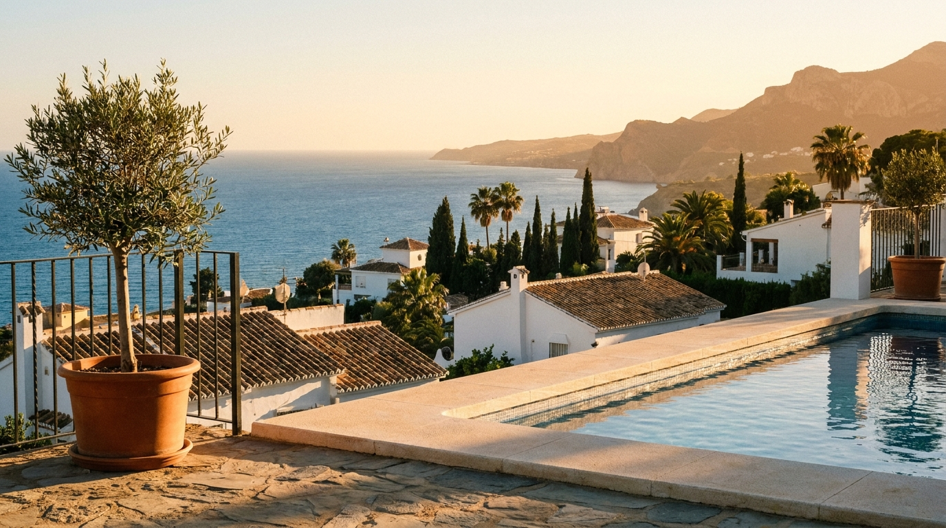 Uitzicht vanaf een villaterras over de kustlijn van de Costa del Sol in avondlicht